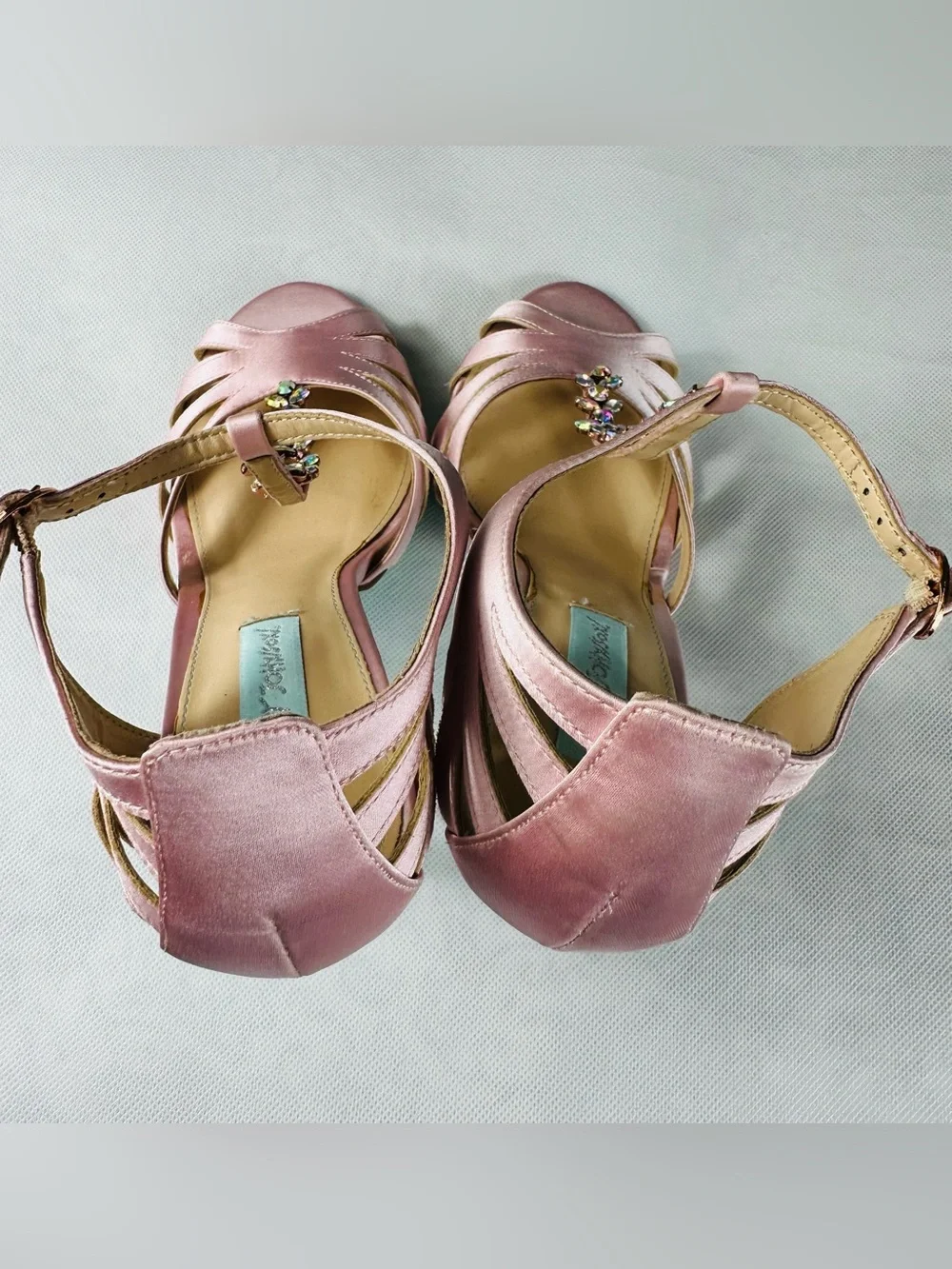 Betsey Johnson Rose Pink Satin Open-Toe Heels with Jeweled Ankle Detail
